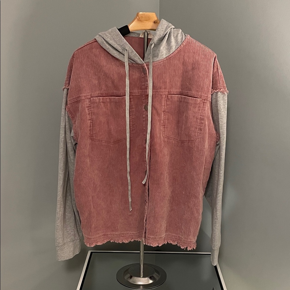 BiBi Gray and Pink mauve hooded corduroy Shacket jacket nwt boutique unworn med